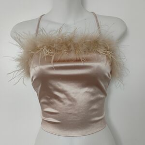 Feather Trim Satin Crop Top